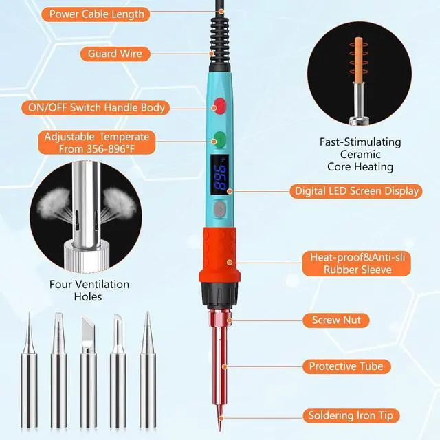 Alt view image 2 of 7 - KEHIPI Soldering Iron Kit, 90W LED Digital Soldering Gun kit with Ceramic Heater, 110V Adjustable Temperature Solder Welding Iron Kits, Auto-sleep, Thermostatic Design, Blue