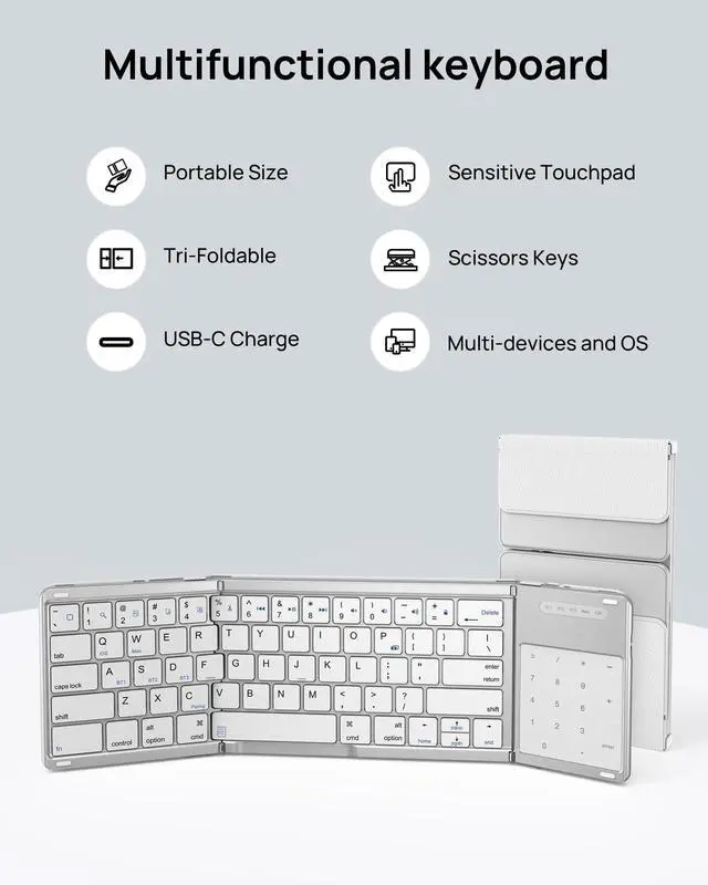 Alt view image 2 of 7 - KEHIPI Foldable Keyboard with Touchpad, Portable Wireless Keyboard for Mac with Stand Holder and PU Leather Cover, Rechargeable Pocket Folding Key Board for iPad, iPhone, Mac iOS Tablets & Laptop