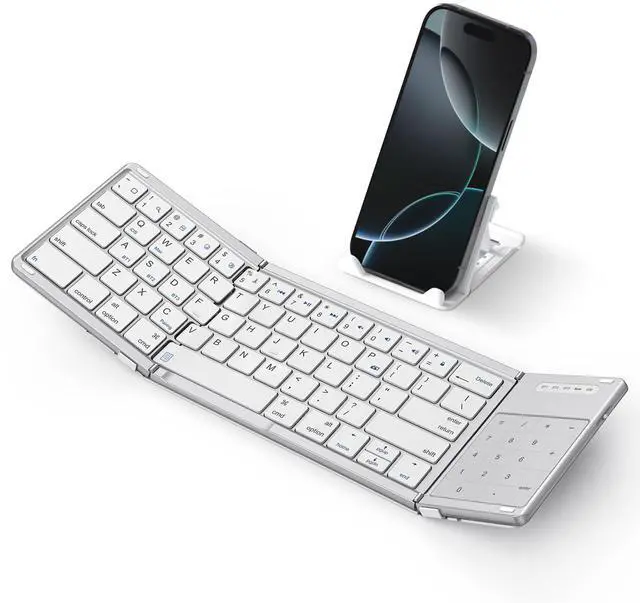 Alt view image 4 of 7 - KEHIPI Foldable Keyboard with Touchpad, Portable Wireless Keyboard for Mac with Stand Holder and PU Leather Cover, Rechargeable Pocket Folding Key Board for iPad, iPhone, Mac iOS Tablets & Laptop