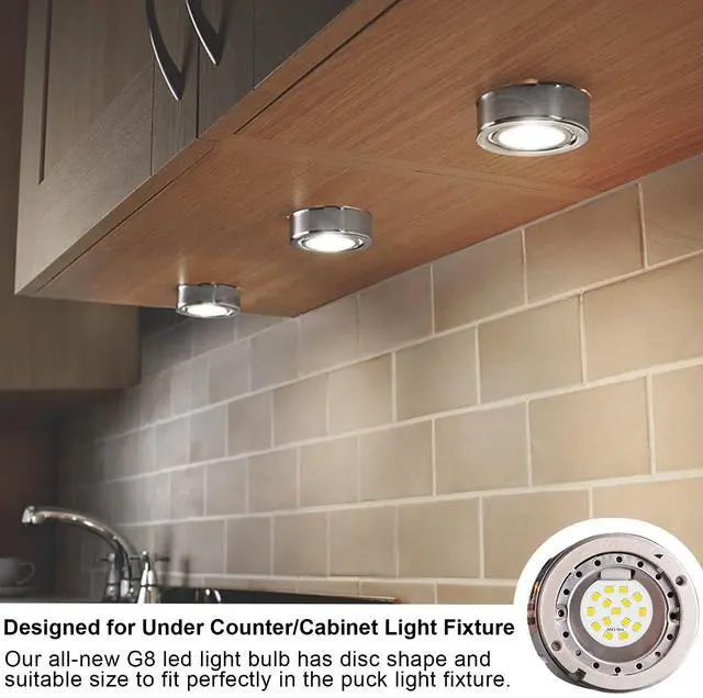 Alt view image 3 of 7 - KEHIPI G8 LED Bulb Dimmable, 3W (30W-35W Halogen Equivalent), Natural White 4000K, T4 JCD Type Bi-Pin Base, 120V LED Puck Light Bulbs for Under Cabinet, Counter Lighting, 10 Pack