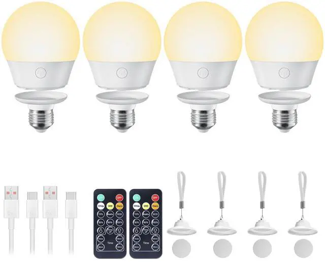 Main image of KEHIPI Rechargeable Light Bulb with Remote and Timer for Sconce and Lamp, Battery Backup Night Light, E26 Detachable Charging, Magnetic Base, 3 Lighting Colors, Dimmer, 7W, Lanyard Included, 4 Pack