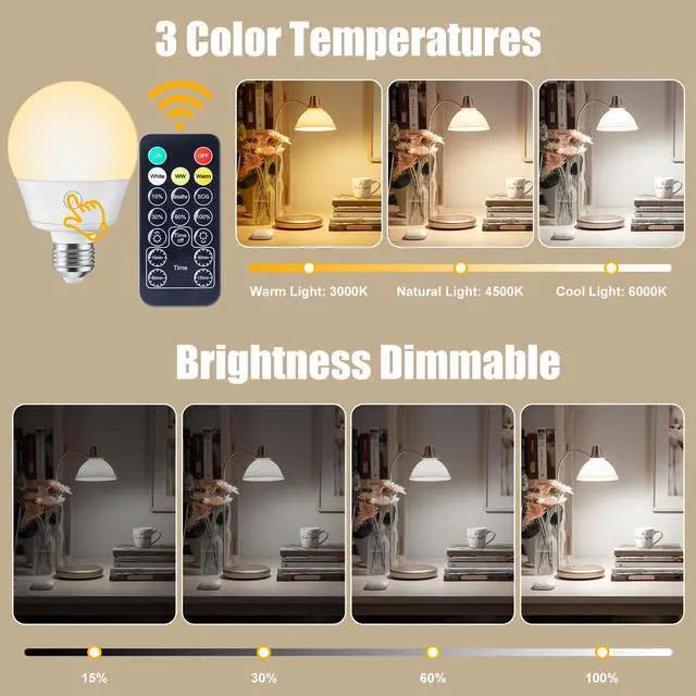 Alt view image 3 of 7 - KEHIPI E26 Rechargeable Light Bulb with Remote Timer and 3 Color Temperatures, Battery Backup Bulb for Sconces and Lamps, E26 Detachable Charging for Non-Hardwired Fixture, Dimmer, 700LM