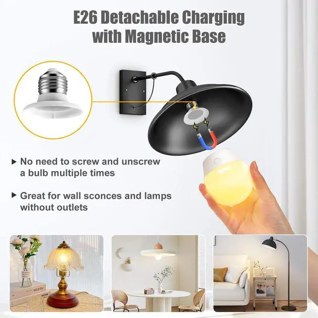 Alt view image 2 of 7 - KEHIPI E26 Rechargeable Light Bulb with Remote Timer and 3 Color Temperatures, Battery Backup Bulb for Sconces and Lamps, E26 Detachable Charging for Non-Hardwired Fixture, Dimmer, 700LM