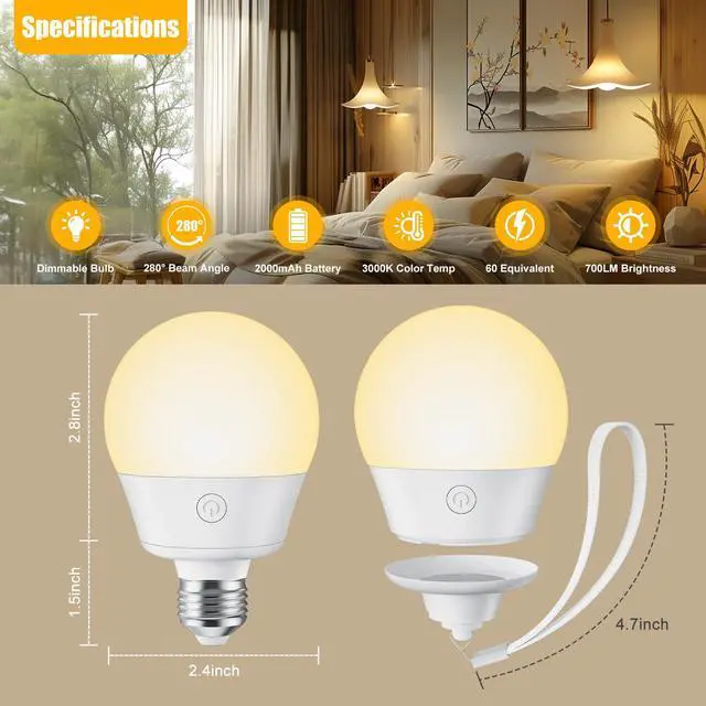 Alt view image 7 of 7 - KEHIPI Rechargeable Light Bulb with Remote and Timer for Sconce and Lamp, Battery Backup Night Light, E26 Detachable Charging, Magnetic Base, 3 Lighting Colors, Dimmer, 7W, Lanyard Included, 4 Pack
