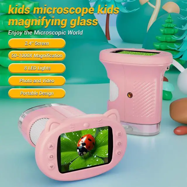 Alt view image 2 of 7 - KEHIPI 2.4" Screen Pocket Kids Microscope: 1000X Handheld Microscope for Photo and Video - Portable Science Kits STEM Toys Christmas/Birthday Gifts for Girls & Boys Ages 3-12(Pink)