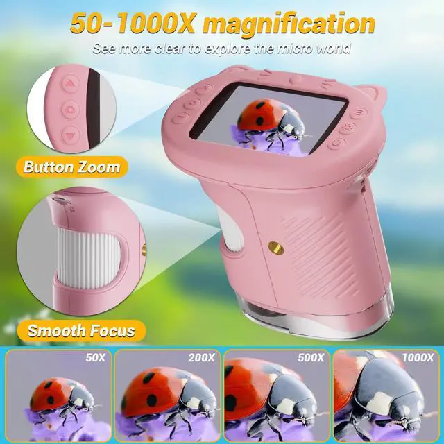 Alt view image 5 of 7 - KEHIPI 2.4" Screen Pocket Kids Microscope: 1000X Handheld Microscope for Photo and Video - Portable Science Kits STEM Toys Christmas/Birthday Gifts for Girls & Boys Ages 3-12(Pink)