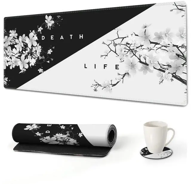 Main image of KEHIPI Extended Gaming Mouse Pad, XL Large Keyboard Mouse Mat Desk Pad with Stitched Edges, Durable Non-Slip Base Mousepad for Home Office, 35x15.7inch, Black White Cherry Blossom