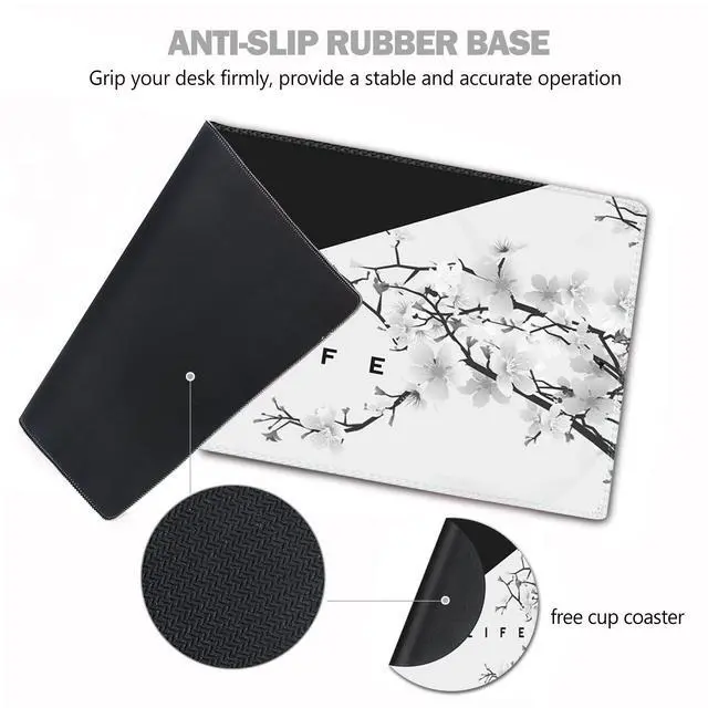 Alt view image 6 of 7 - KEHIPI Extended Gaming Mouse Pad, XL Large Keyboard Mouse Mat Desk Pad with Stitched Edges, Durable Non-Slip Base Mousepad for Home Office, 35x15.7inch, Black White Cherry Blossom