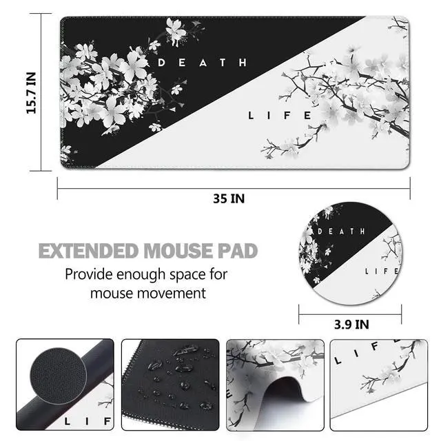 Alt view image 7 of 7 - KEHIPI Extended Gaming Mouse Pad, XL Large Keyboard Mouse Mat Desk Pad with Stitched Edges, Durable Non-Slip Base Mousepad for Home Office, 35x15.7inch, Black White Cherry Blossom