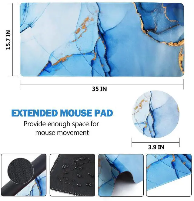 Alt view image 6 of 7 - KEHIPI Extended Gaming Mouse Pad, XL Large Keyboard Mouse Mat Desk Pad with Stitched Edges, Durable Non-Slip Base Mousepad for Home Office Work, 35x15.7inch,Blue Marble