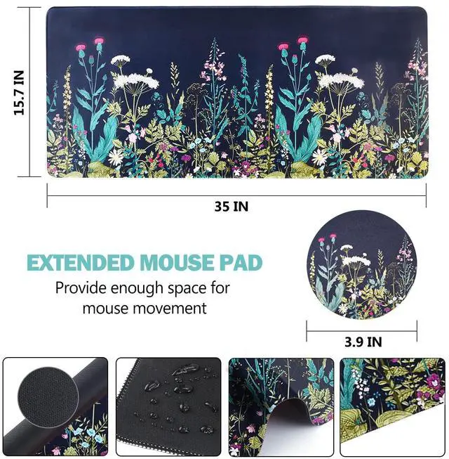 Alt view image 6 of 7 - KEHIPI Extended Gaming Mouse Pad, XL Large Keyboard Mouse Mat Desk Pad with Stitched Edges, Durable Non-Slip Base Mousepad for Home Office Work, 35x15.7inch,Flowers Plants
