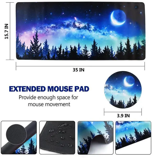 Alt view image 7 of 7 - KEHIPI Extended Gaming Mouse Pad, XL Large Keyboard Mouse Mat Desk Pad with Stitched Edges, Durable Non-Slip Base Mousepad for Home Office Work, 35x15.7inch, Forest Moon Sky