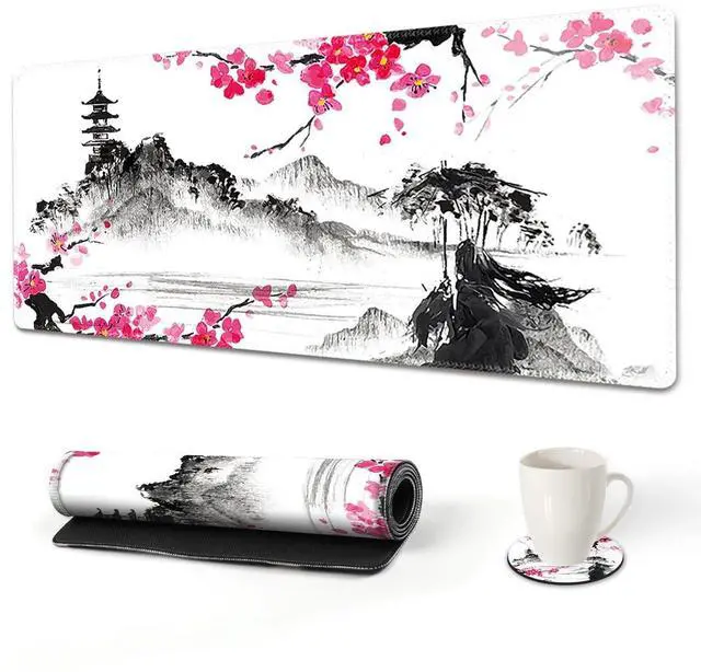 Main image of KEHIPI Extended Gaming Mouse Pad, XL Large Keyboard Mouse Mat Desk Pad with Stitched Edges, Durable Non-Slip Base Landscape Mousepad for Home Office, Mountain Sakura Ink Painting