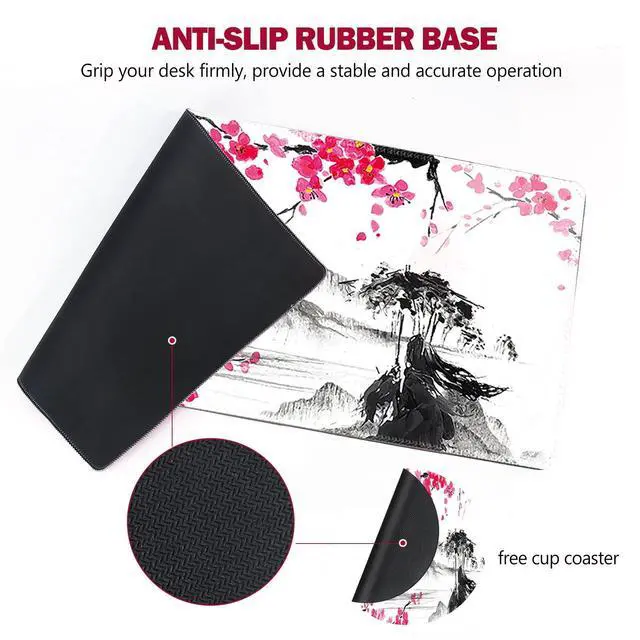 Alt view image 3 of 7 - KEHIPI Extended Gaming Mouse Pad, XL Large Keyboard Mouse Mat Desk Pad with Stitched Edges, Durable Non-Slip Base Landscape Mousepad for Home Office, Mountain Sakura Ink Painting