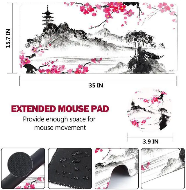 Alt view image 7 of 7 - KEHIPI Extended Gaming Mouse Pad, XL Large Keyboard Mouse Mat Desk Pad with Stitched Edges, Durable Non-Slip Base Landscape Mousepad for Home Office, Mountain Sakura Ink Painting