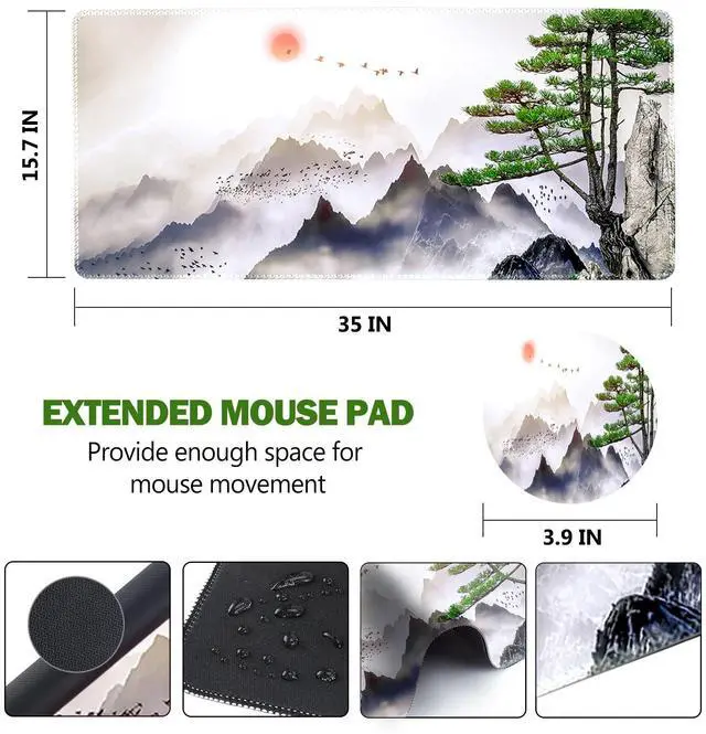 Alt view image 7 of 7 - KEHIPI Extended Gaming Mouse Pad, XL Large Keyboard Mouse Mat Desk Pad with Stitched Edges, Durable Non-Slip Base Landscape Mousepad for Home Office, 35x15.7inch, Pine Tree Mountains