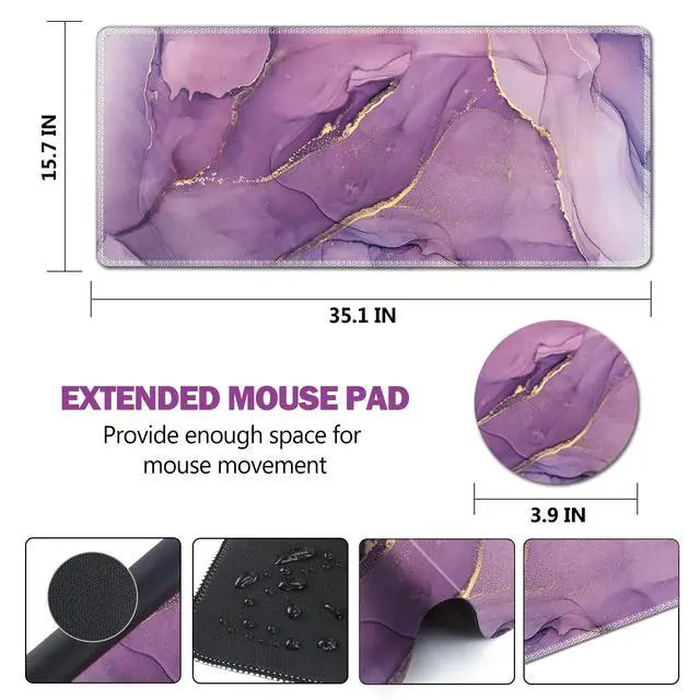 Alt view image 6 of 7 - KEHIPI Large Gaming Mouse Pad, XXL Keyboard Mouse Mat Extended Desk Pad with Stitched Edges, Durable Non-Slip Base Mousepad for Home Office, 35x15.7inch, Purple Marble