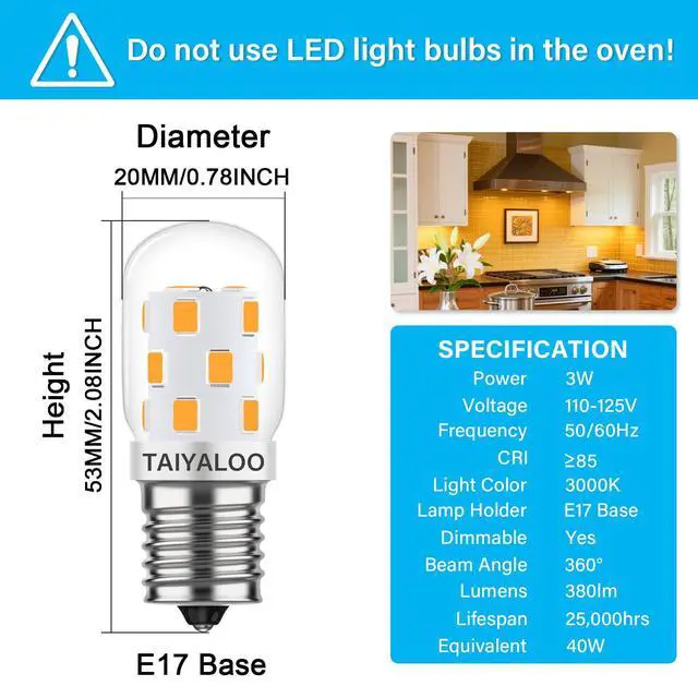 Alt view image 3 of 7 - KEHIPI LED Microwave Light Bulb Over Stove Appliance 8206232A 40W Incandescent Equivalent,E17 LED Bulb Dimmable for Refrigerator, Range Hood, 3W 380LM Warm White 3000K, T7 Intermediate Base, Pack of 2