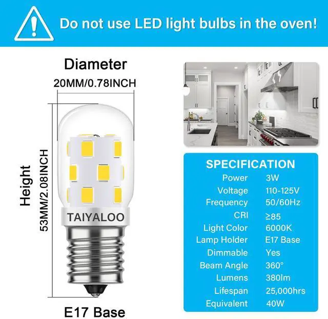 Alt view image 3 of 7 - KEHIPI LED Microwave Light Bulb Over Stove Appliance 8206232A 40W Incandescent Equivalent, E17 LED Bulb Dimmable for Refrigerator, Range Hood, 3W 380LM Daylight White 6000K, T7 Intermediate Base