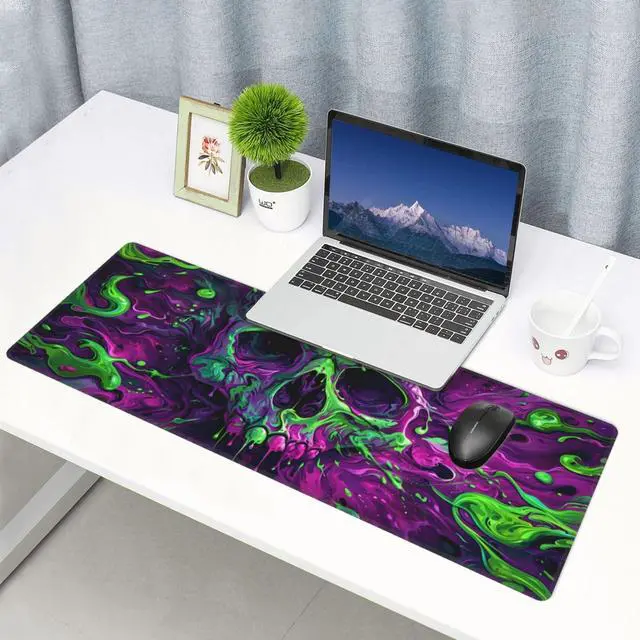Alt view image 7 of 7 - KEHIPI Gaming Mouse Pad Desk Pad,Extended Big Mouse Pad,31.5x11.8 Inch Long Computer Keyboard Mouse Mat Mousepad with 3mm Non-Slip Base and Stitched Edge for Gaming and Office (Watercolor Skull 2)