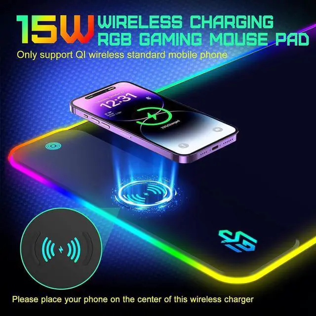 Alt view image 4 of 7 - KEHIPI Wireless Charging RGB Gaming Mouse Pad 15W, LED Mouse Mat 800x300x4MM, 10 Light Modes Extra Large Mousepad Non-Slip Rubber Base Computer Keyboard Mat for Gaming, MacBook, PC, Laptop, Desk