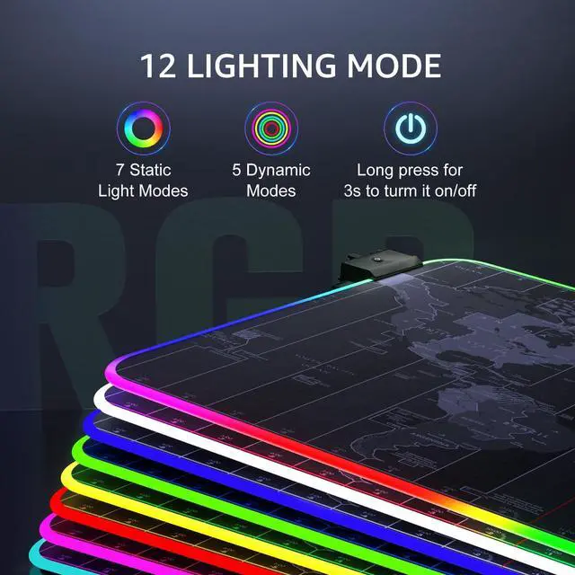 Alt view image 2 of 6 - KEHIPI RGB Large Gaming Mouse Pad with Stitched Edges, Superior Micro-Weave Cloth, Non-Slip Base, Water Resist Coating, 31.5 x 15.7 in, RGB World Map