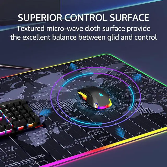 Alt view image 3 of 6 - KEHIPI RGB Large Gaming Mouse Pad with Stitched Edges, Superior Micro-Weave Cloth, Non-Slip Base, Water Resist Coating, 31.5 x 15.7 in, RGB World Map