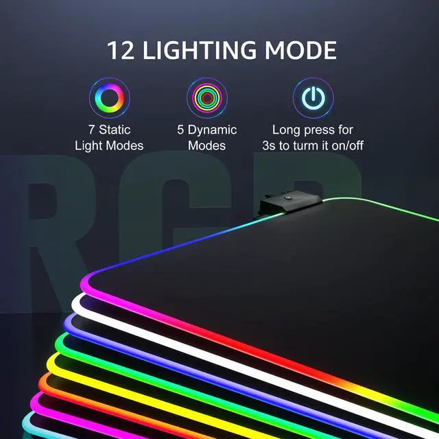 Alt view image 3 of 6 - KEHIPI RGB Large Gaming Mouse Pad with Stitched Edges, Superior Micro-Weave Cloth, Non-Slip Base, Water Resist Coating, 31.5 x 15.7 in, RGB Black