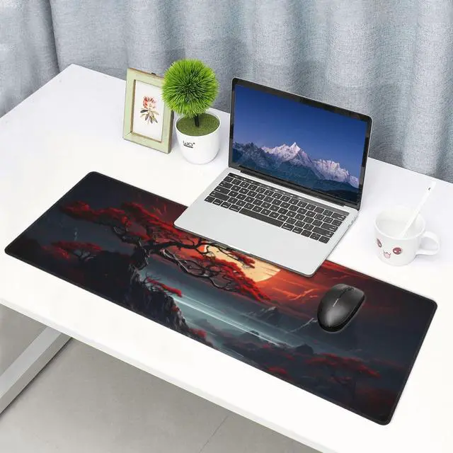 Alt view image 6 of 7 - KEHIPI Darkness Red Moon Desk Mat Japanese Mouse Pad, Large Japanese Desk Mat, XL Anime Gaming Keyboard Mat, Non-Slip Rubber Base, Big Extended Desk Protector for Home Office, 31.5x11.8