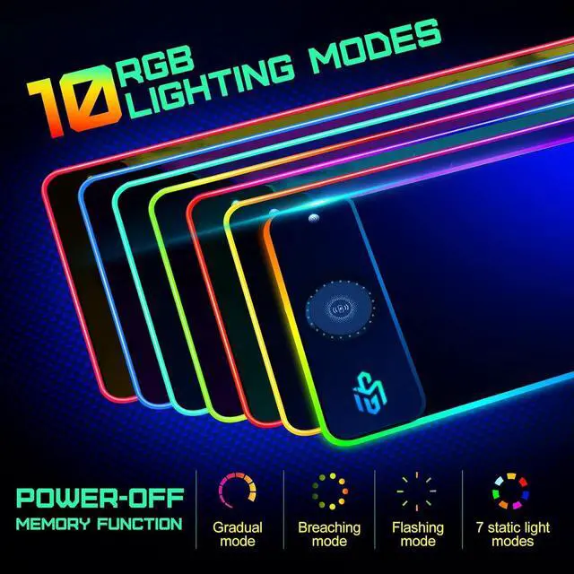 Alt view image 3 of 7 - KEHIPI RGB Gaming Mouse Pad with 15W Wireless Charging, LED Mouse Pad with 10 Light Modes, Extra Large Mousepad 800x300x4MM, Non-Slip Rubber Base Computer Keyboard Mat for Gaming, Desk (Black)