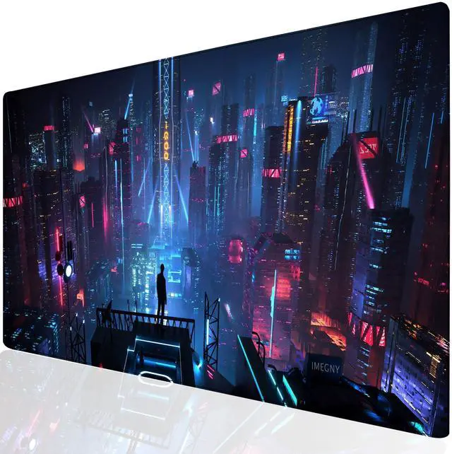 Main image of KEHIPI Extended Gaming Mouse Pad, Portable Mat for Keyboard & Mouse with Stitched Edges + Non-Slip Rubber Base (90x40 neoncity001)