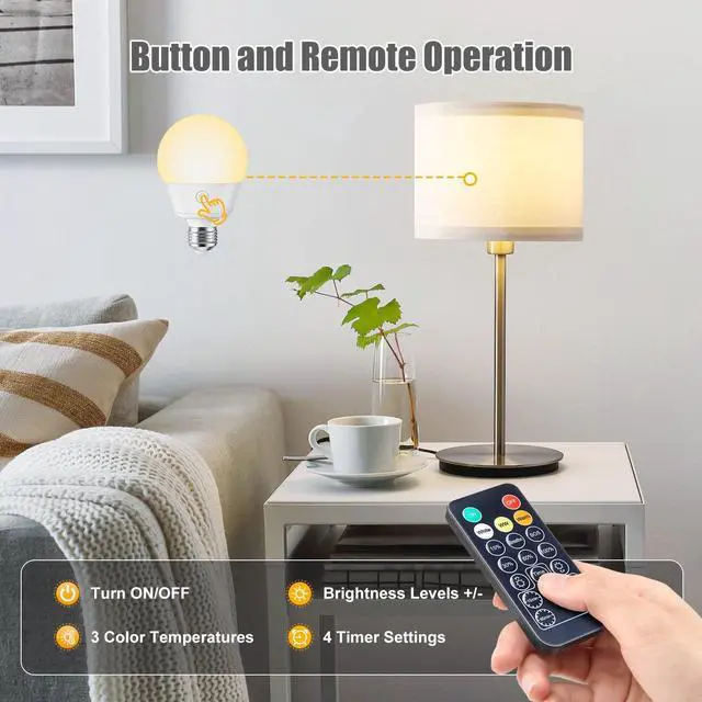 Alt view image 5 of 7 - KEHIPI E26 Rechargeable Light Bulb with Remote Timer and 3 Color Temperatures, Battery Backup Bulb for Sconces and Lamps, E26 Detachable Charging for Non-Hardwired Fixture, Dimmer, 700LM