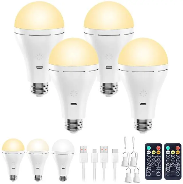Main image of KEHIPI  E26 Rechargeable Light Bulb with Remote and Timer, Battery Backup Bulb for Sconces and Lamps, Hanging LED Light Bulb with Hook for Camping Tent, Dimmable, 3 Color Temperatures, 4 Pack