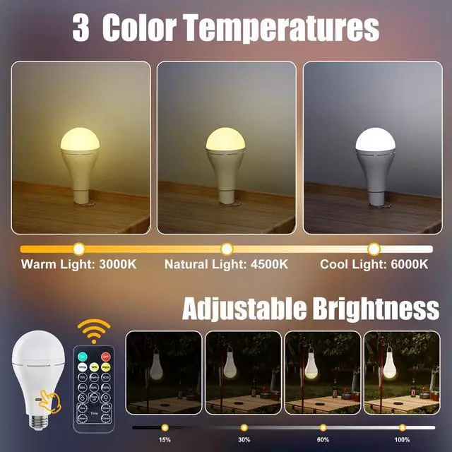 Alt view image 3 of 7 - KEHIPI  E26 Rechargeable Light Bulb with Remote and Timer, Battery Backup Bulb for Sconces and Lamps, Hanging LED Light Bulb with Hook for Camping Tent, Dimmable, 3 Color Temperatures, 4 Pack