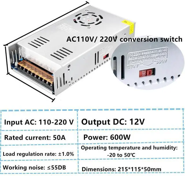 Alt view image 2 of 6 - KEHIPI AC 110/120 to DC 5V Power Supply, Universal Switching Transformer Adapter for Raspberry PI Models, CCTV, Radio, Computer Project, LED Strips Pixel Lights 3D Printer (12V50A 600W)