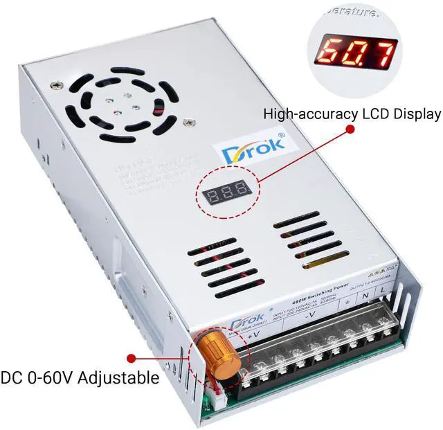 Alt view image 3 of 7 - KEHIPI 60V Power Supply, AC 110V 220V to DC 0-60V 8A 480W Buck Converter, Adjustable Variable LED Adapter Regulated 5V 12V 24V 30V 36V 48V 60Volt Transformer 3A 5A 8Amp Charger for Lab CCTV