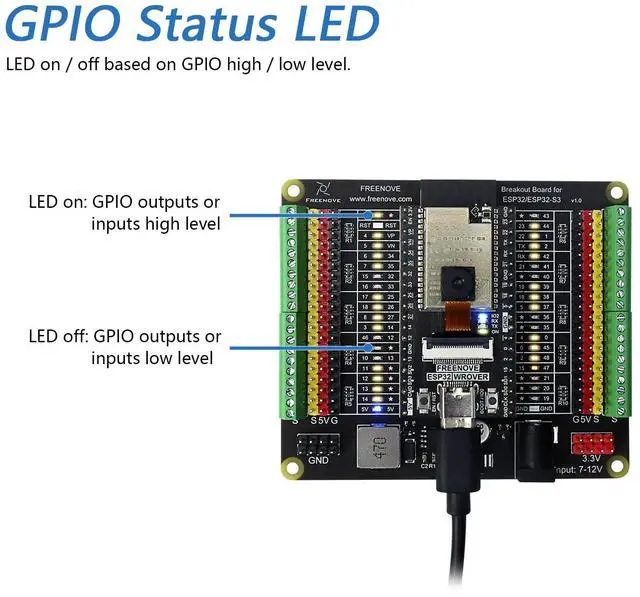 Alt view image 3 of 7 - KEHIPI Breakout Board for ESP32 / ESP32-S3 WROVER WROOM, Terminal Block Shield HAT with Pin Header, 5V 3.3V Power Outputs, GPIO Status LED