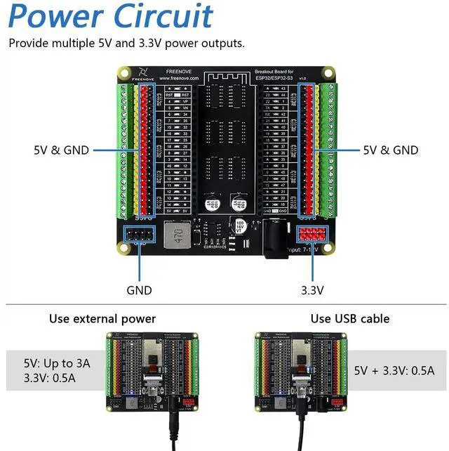 Alt view image 5 of 7 - KEHIPI Breakout Board for ESP32 / ESP32-S3 WROVER WROOM, Terminal Block Shield HAT with Pin Header, 5V 3.3V Power Outputs, GPIO Status LED