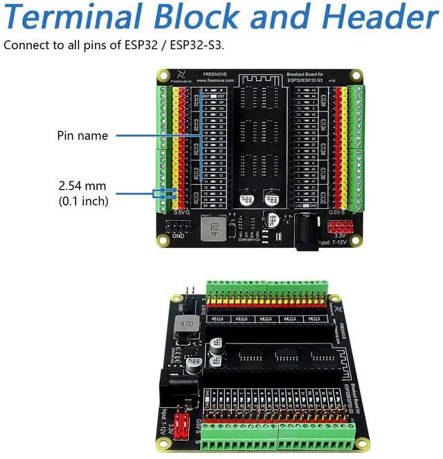 Alt view image 6 of 7 - KEHIPI Breakout Board for ESP32 / ESP32-S3 WROVER WROOM, Terminal Block Shield HAT with Pin Header, 5V 3.3V Power Outputs, GPIO Status LED