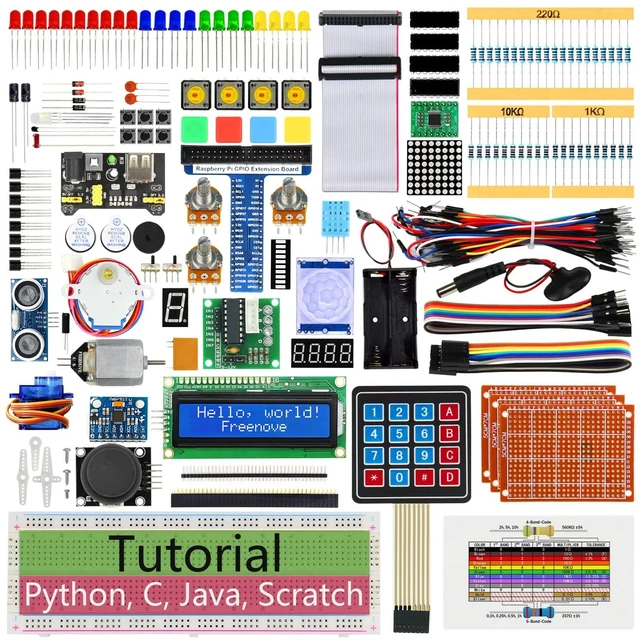 Main image of Freenove Ultimate Starter Kit for Raspberry Pi 5 4 Zero 2 W (NOT Included) | 5 Sets of Code Python C Java Scratch Processing, 962-Page Detailed Tutorial, 128 Example Projects, 223 Items