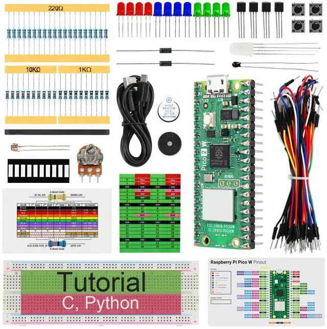 Main image of KEHIPI Basic Starter Kit for Raspberry Pi Pico 2 W (Included), Dual Arm Cortex-M33 and Dual Hazard3 RISC-V Microcontroller, 386-Page Detailed Tutorial, 142 Items, 55 Projects, Python C Code