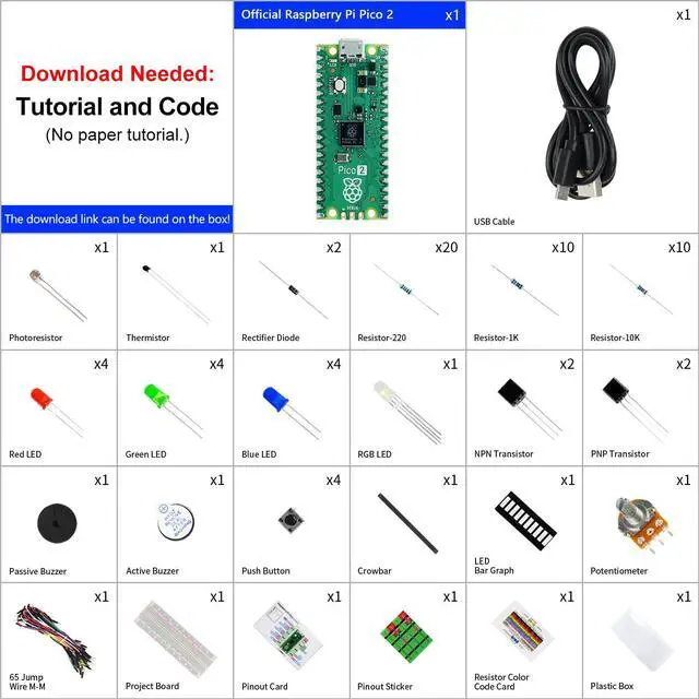 Alt view image 2 of 7 - KEHIPI Basic Starter Kit for Raspberry Pi Pico 2 (Included), Dual Arm Cortex-M33 and Dual Hazard3 RISC-V Microcontroller, 386-Page Detailed Tutorial, 142 Items, 55 Projects, Python C Code