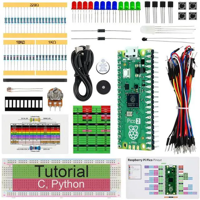 Main image of KEHIPI Basic Starter Kit for Raspberry Pi Pico 2 (Included), Dual Arm Cortex-M33 and Dual Hazard3 RISC-V Microcontroller, 386-Page Detailed Tutorial, 142 Items, 55 Projects, Python C Code