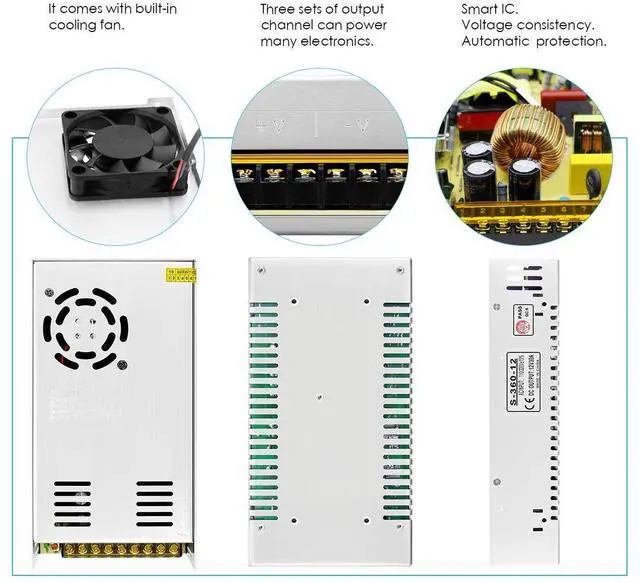 Alt view image 4 of 7 - KEHIPI 12V 30A 360W Universal Regulated Switching Convert Power Supply AC Adapter for LED Strip Pixel Lights CCTV Camera Security System Radio Computer Project