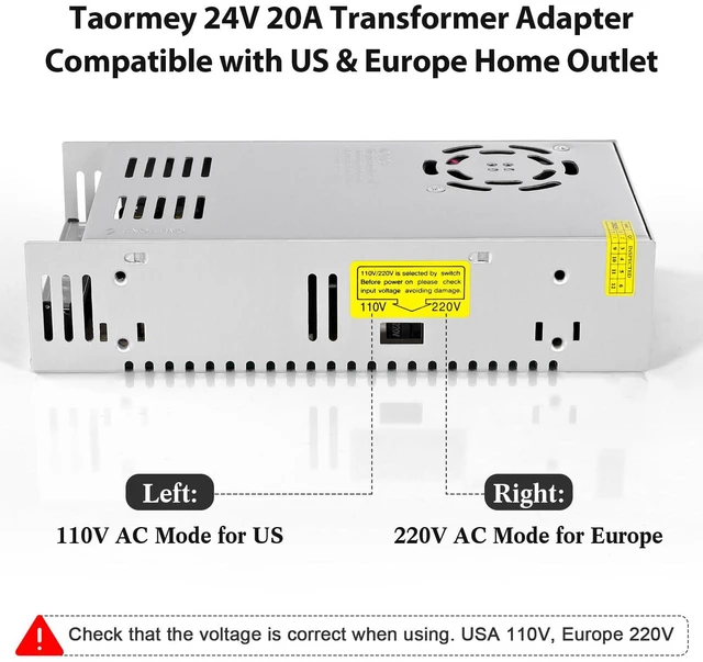 Alt view image 4 of 7 - 24V 20A Power Supply Adapter AC-DC Converter Regulated Transformer AC 110V/220V to DC 24V 20A 480W Universal Switching Power Adapter LED Driver for LED Strip/LED Display/CCTV/Computer Project