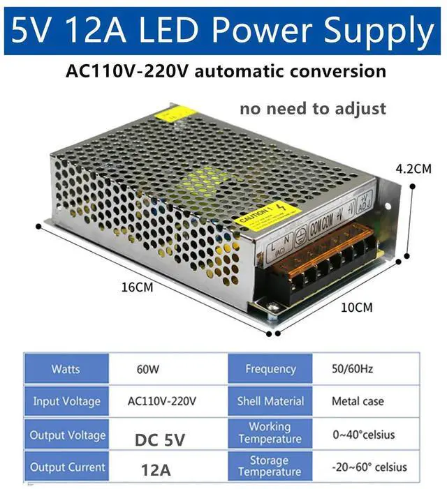 Alt view image 3 of 7 - KEHIPI DC 5V 12A Power Supply, PHEVOS AC 110/120 to DC 5V Universal Switching Transformer Adapter for Raspberry PI Models, CCTV, Radio, Computer Project, LED Strips Pixel Lights