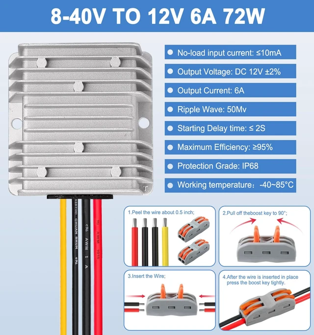 Alt view image 2 of 7 - DC 8-40V to 12V Converter 6A 72W Step Down Converter Voltage Reducer IP68 Waterproof Transformer for Golf Cart Truck Boat Vehicle