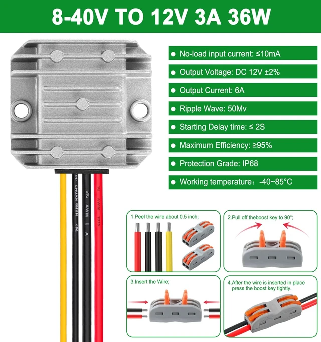 Alt view image 2 of 7 - DC 8-40V to 12V Converter 3A 36W Step Down Converter IP68 Waterproof Voltage Reducer Transformer for Golf Cart Truck Boat Vehicle