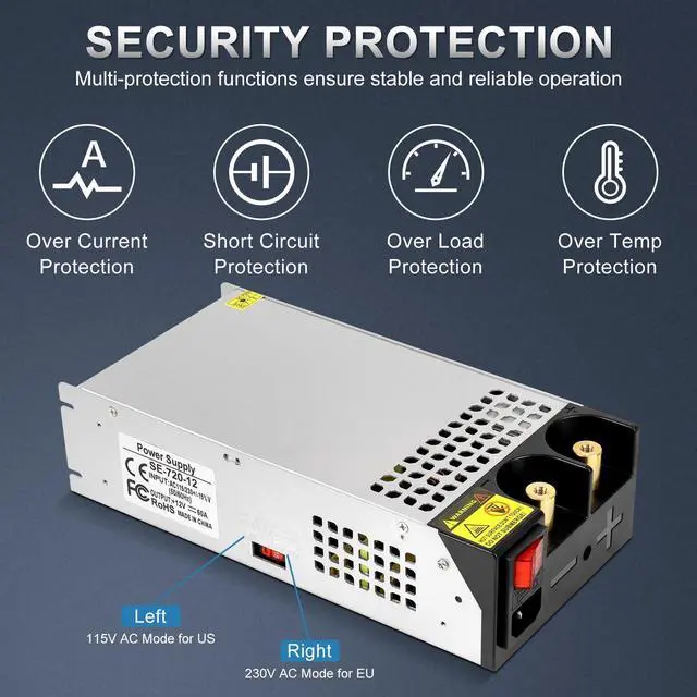 Alt view image 2 of 7 - KEHIPI 12V 720W New Version AC to DC Converter, 120V to 12V Power Supply, Switching Transformer for RV, LED Strips, CCTV, Car Stereos, LCD Monitors, Computer Projects