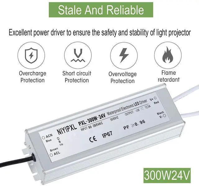 Alt view image 2 of 7 - KEHIPI LED Driver 300 Watts(150W X2) 24V DC Transformer Waterproof IP67 Power Supply, 24V DC Low Voltage Output Adapter with 3-Prong Plug 3.3 Feet Cable for LED Light, Computer Project, Outdoor Light